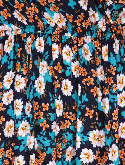 Robe longue à imprimé fleurs printanières - Marine - 4