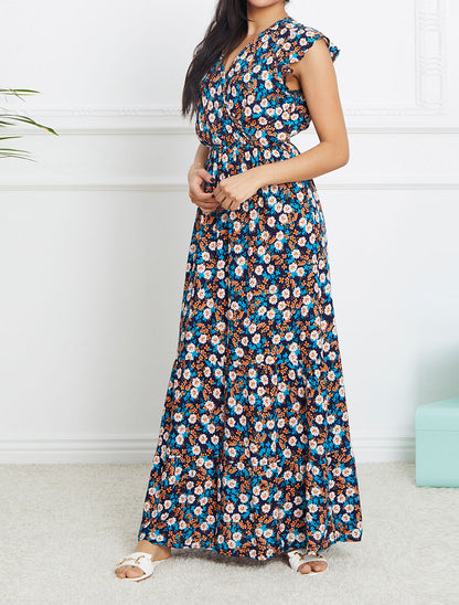 Robe longue à imprimé fleurs printanières - Marine - 5