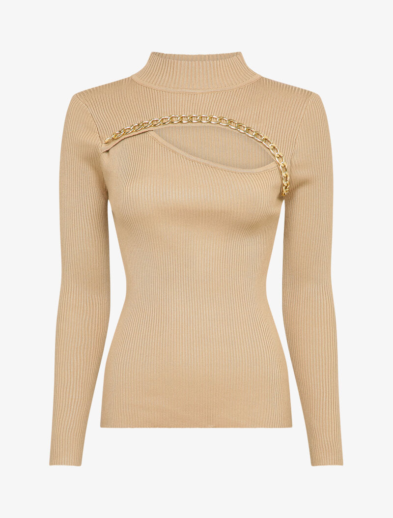 Pull côtelé à décolleté asymétrique et détail chaîne - Beige - 4