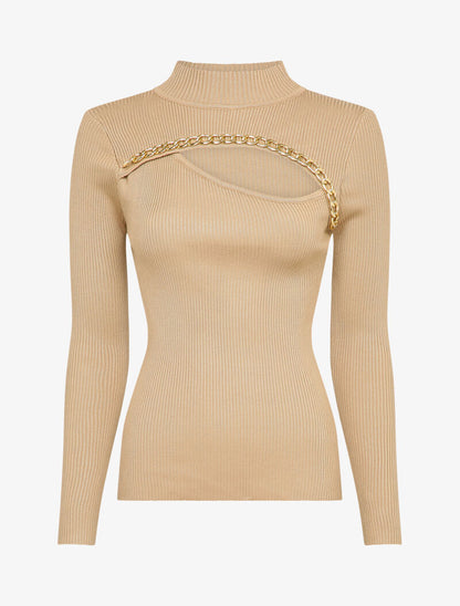 Pull côtelé à décolleté asymétrique et détail chaîne - Beige - 4