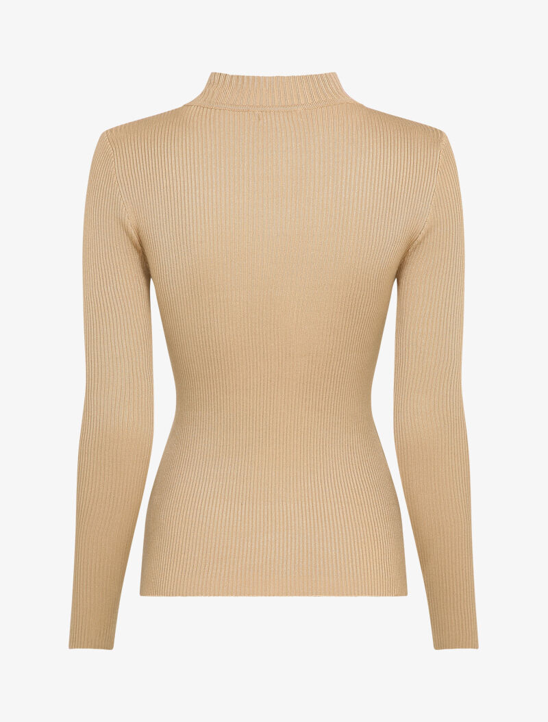 Pull côtelé à décolleté asymétrique et détail chaîne - Beige - 2