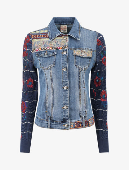 Veste bi-matière ornée de sequins et de broderies - Bleu denim - 5