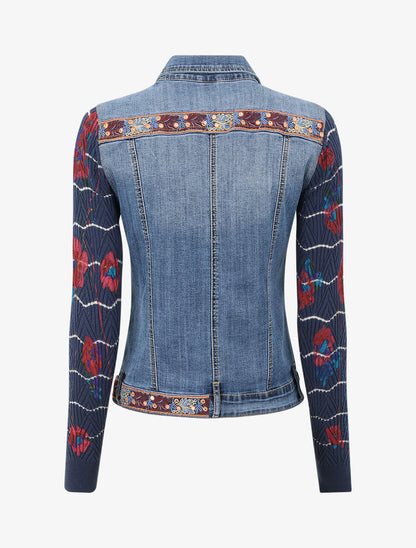Veste bi-matière ornée de sequins et de broderies - Bleu denim - 3