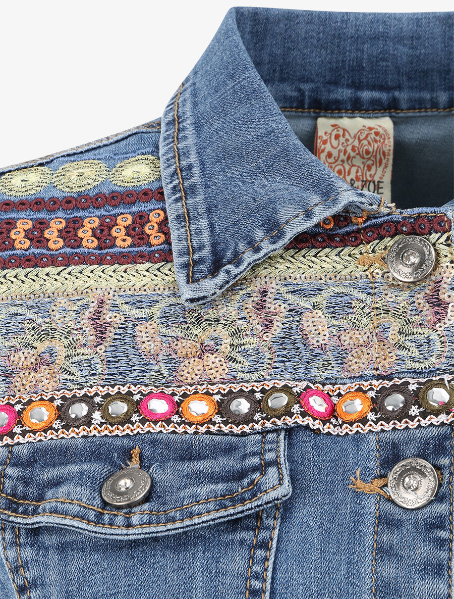 Veste bi-matière ornée de sequins et de broderies - Bleu denim - 4