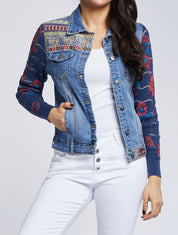 Veste bi-matière ornée de sequins et de broderies - Bleu denim - 1
