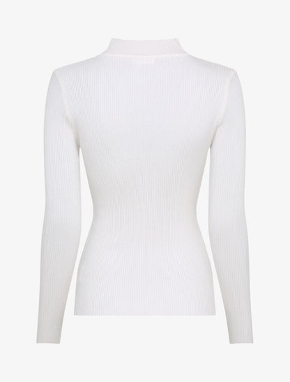 Pull côtelé à décolleté asymétrique et détail chaîne - Blanc - 2