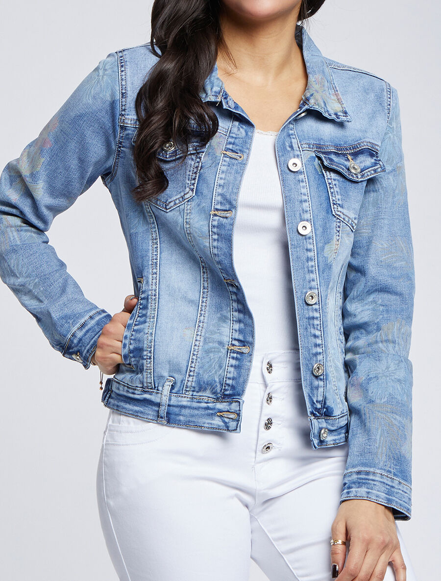 Veste en jean à imprimé fleurs - Bleu denim - 1