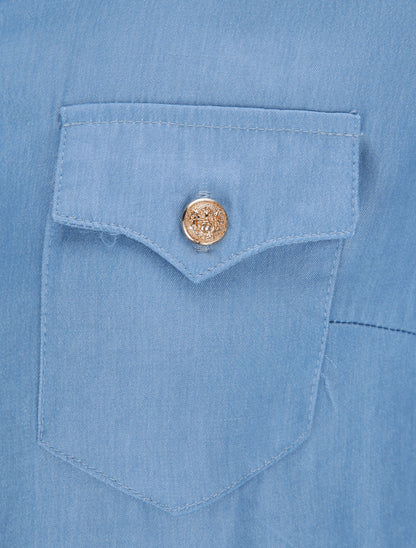 Robe chemise courte unie poches à rabat - Bleu - 3