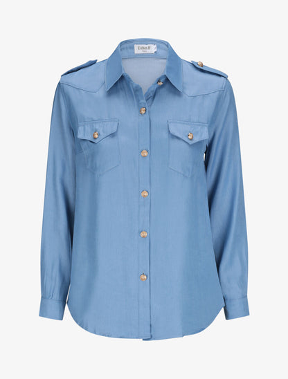 Chemise droite unie à poches à rabat - Bleu - 4