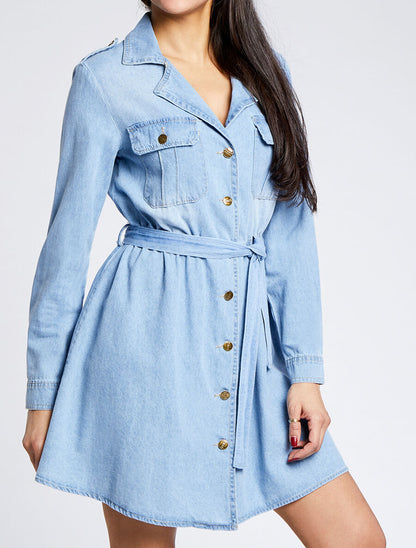 Robe patineuse courte en jean à col cranté - Bleu - 3