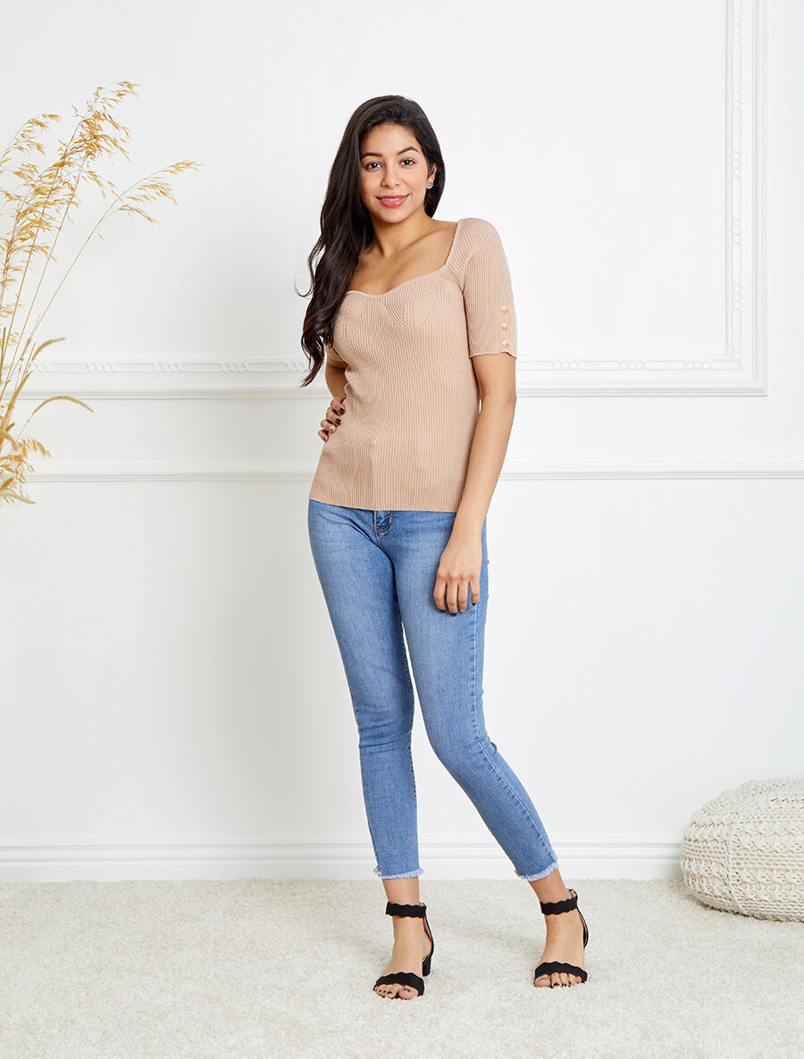 Top en maille côtelée ajusté uni à col en coeur - Beige - 4