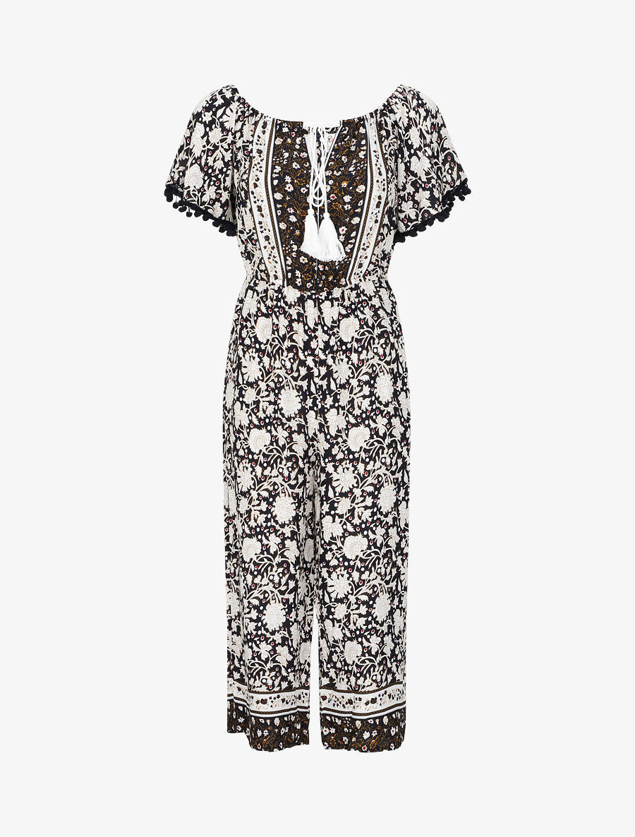 Combinaison imprimé floral stylisé à manches à pompons - Noir - 1