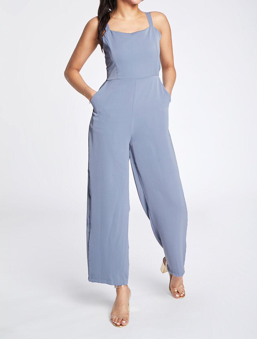 Combinaison unie à dos à noeud - Bleu - 3