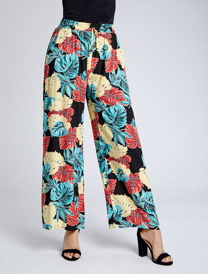 Pantalon ample imprimé plantes tropicales - Noir - 4