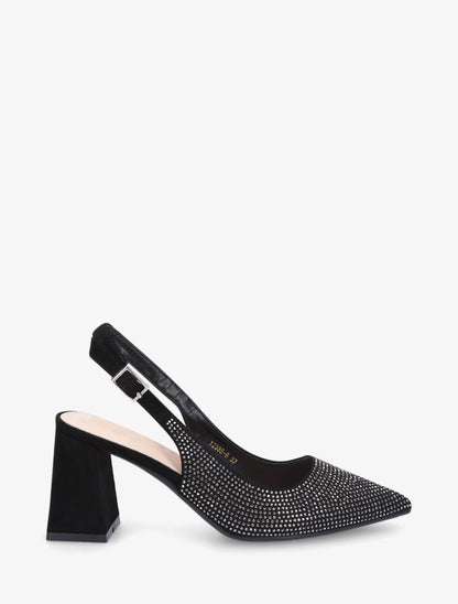 Escarpins en suédine à talon bloc et strass - Noir - 5