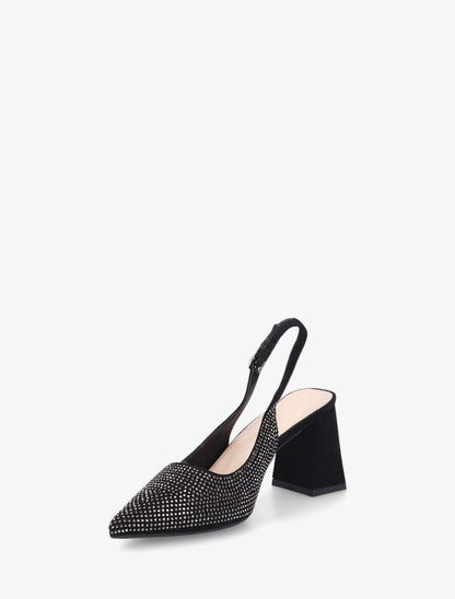 Escarpins en suédine à talon bloc et strass - Noir - 3