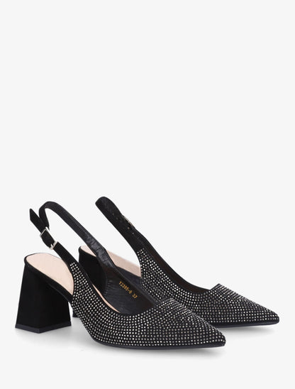 Escarpins en suédine à talon bloc et strass - Noir - 4