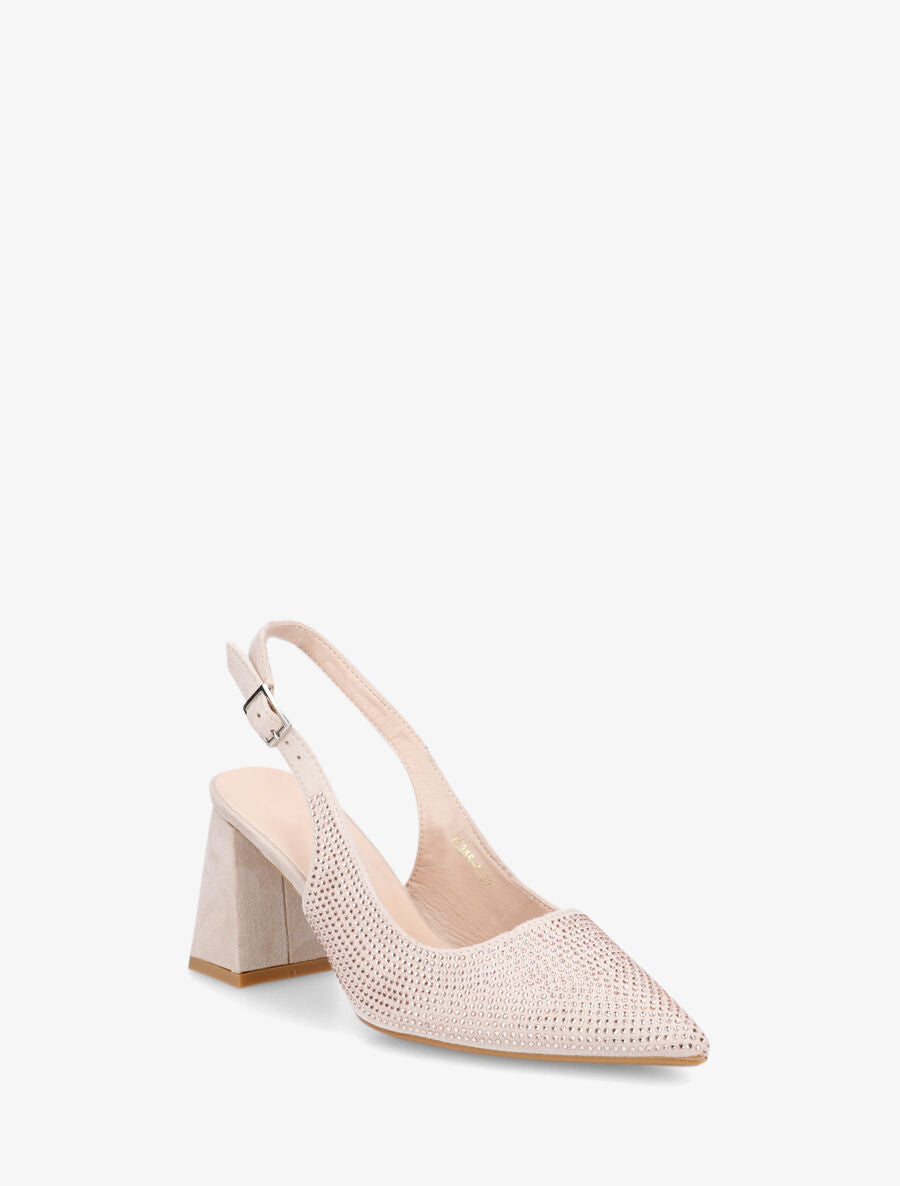 Escarpins en suédine à talon bloc et strass - Beige - 2