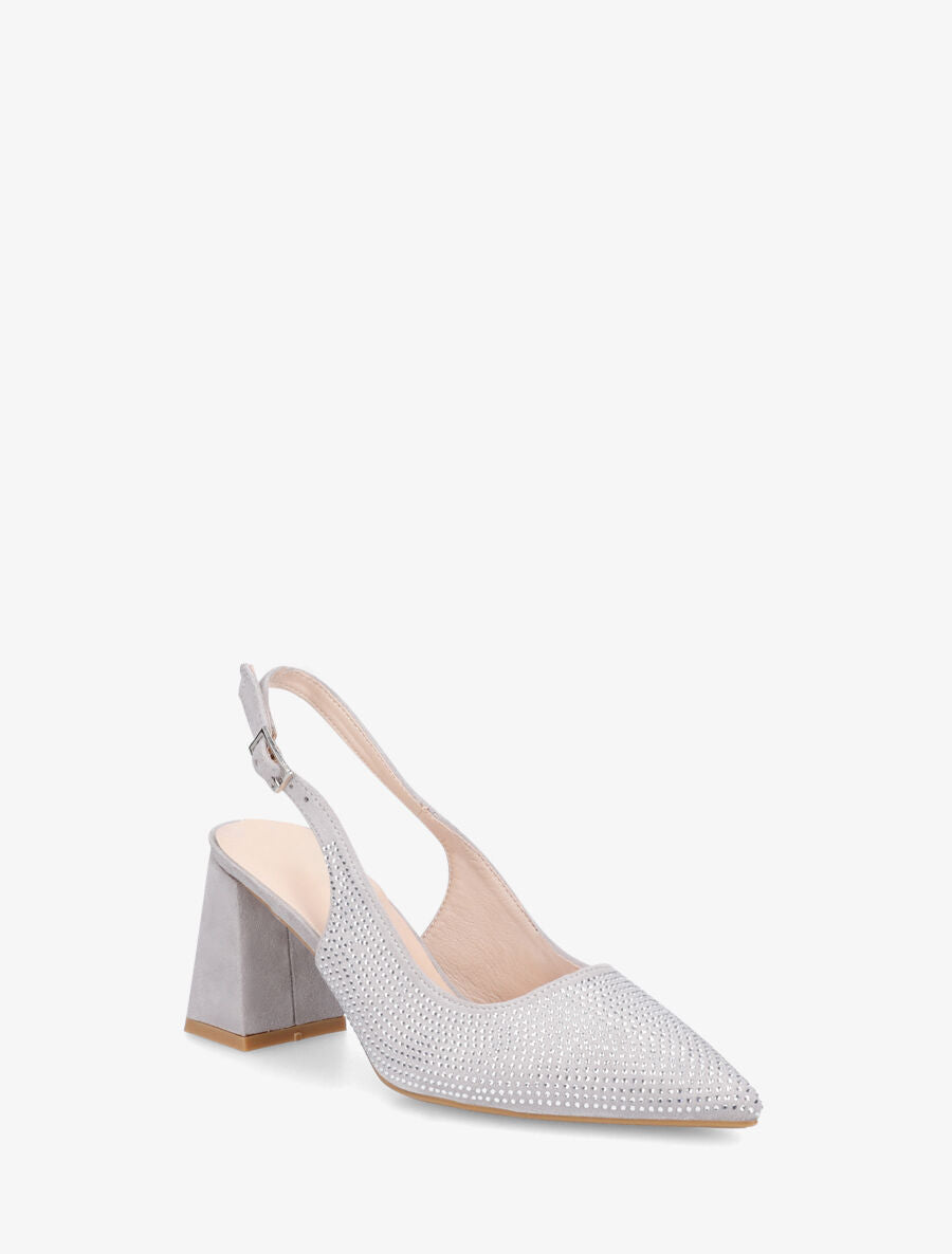 Escarpins en suédine à talon bloc et strass - Gris - 2