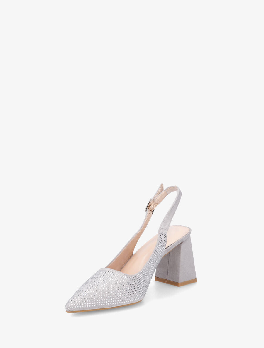 Escarpins en suédine à talon bloc et strass - Gris - 3