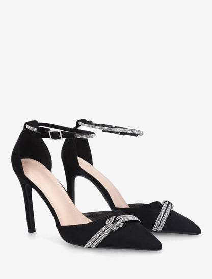 Escarpins en suédine à talon aiguille et strass - Noir - 4
