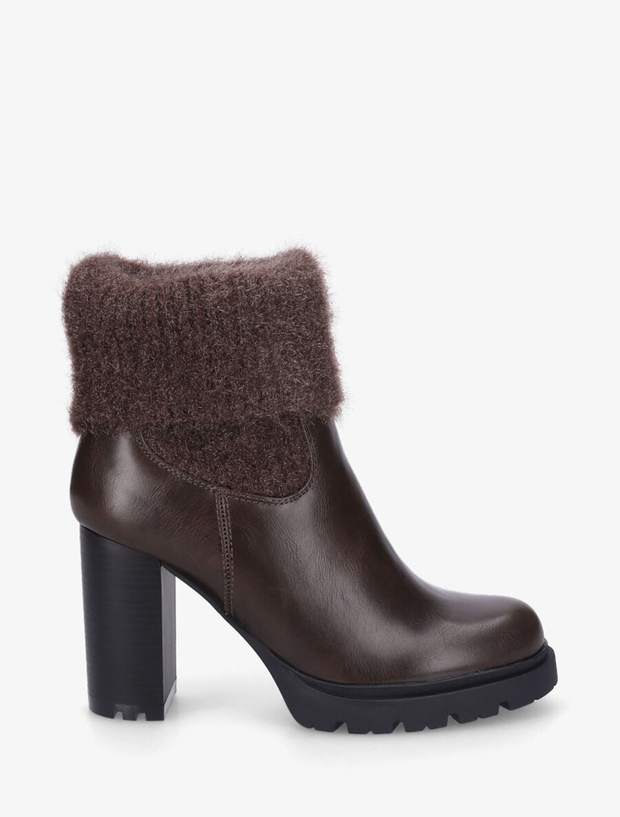 Bottines à talon bi-matière - Marron - 5