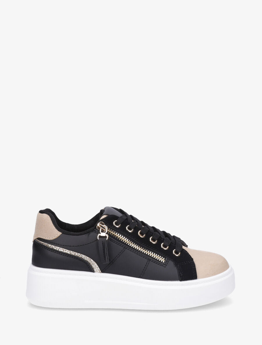 Sneakers en simili à zip décoratif - Noir - 1