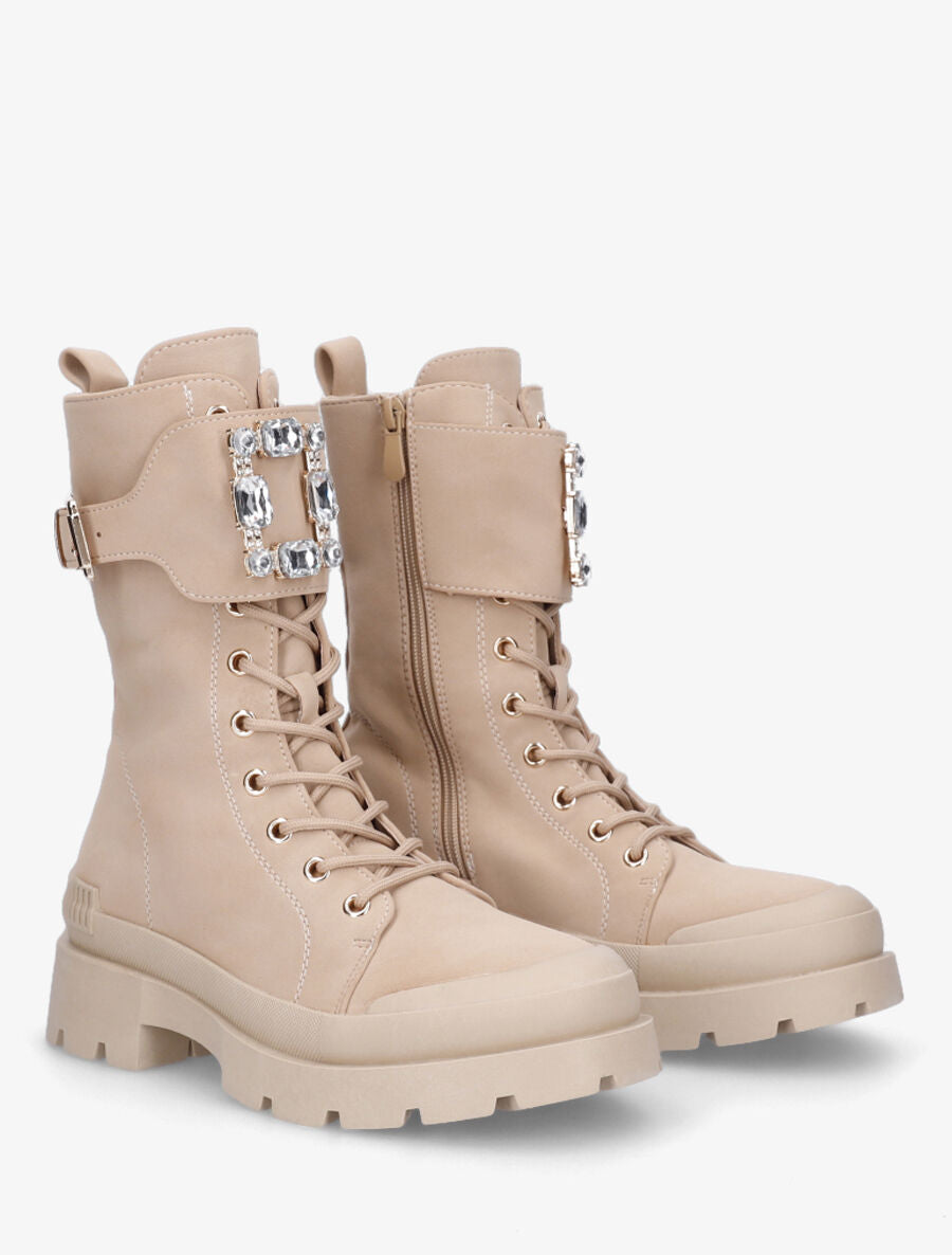 Bottines montantes et bijou en strass - Beige - 4
