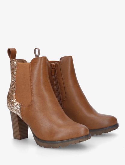 Bottines en simili à contrefort pailleté - Camel - 4