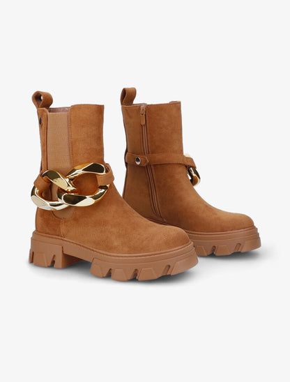 Bottines montantes en suédine à détail maillon - Camel - 1