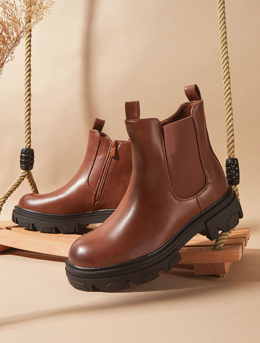 Bottines en simili et semelle crantée - Camel - 1