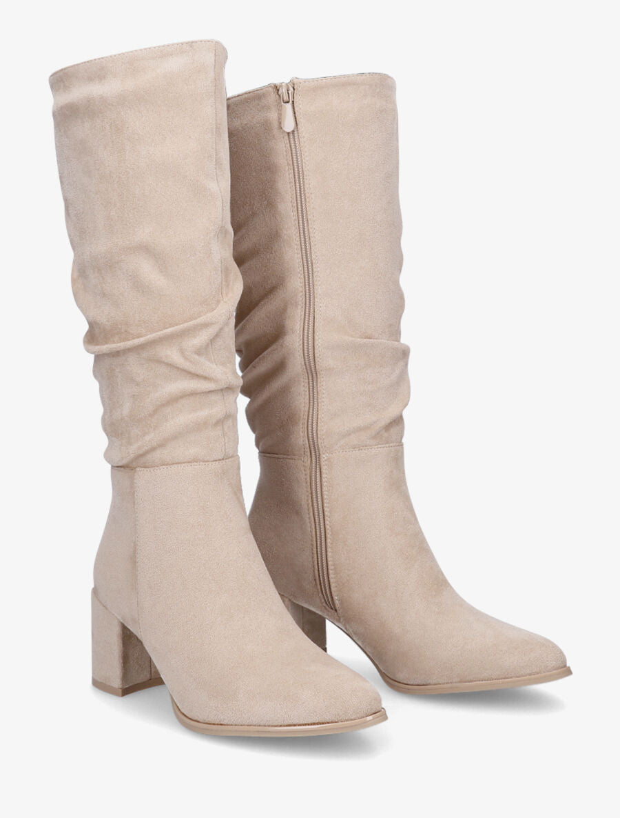 Bottes en suédine à talon carré - Beige - 4
