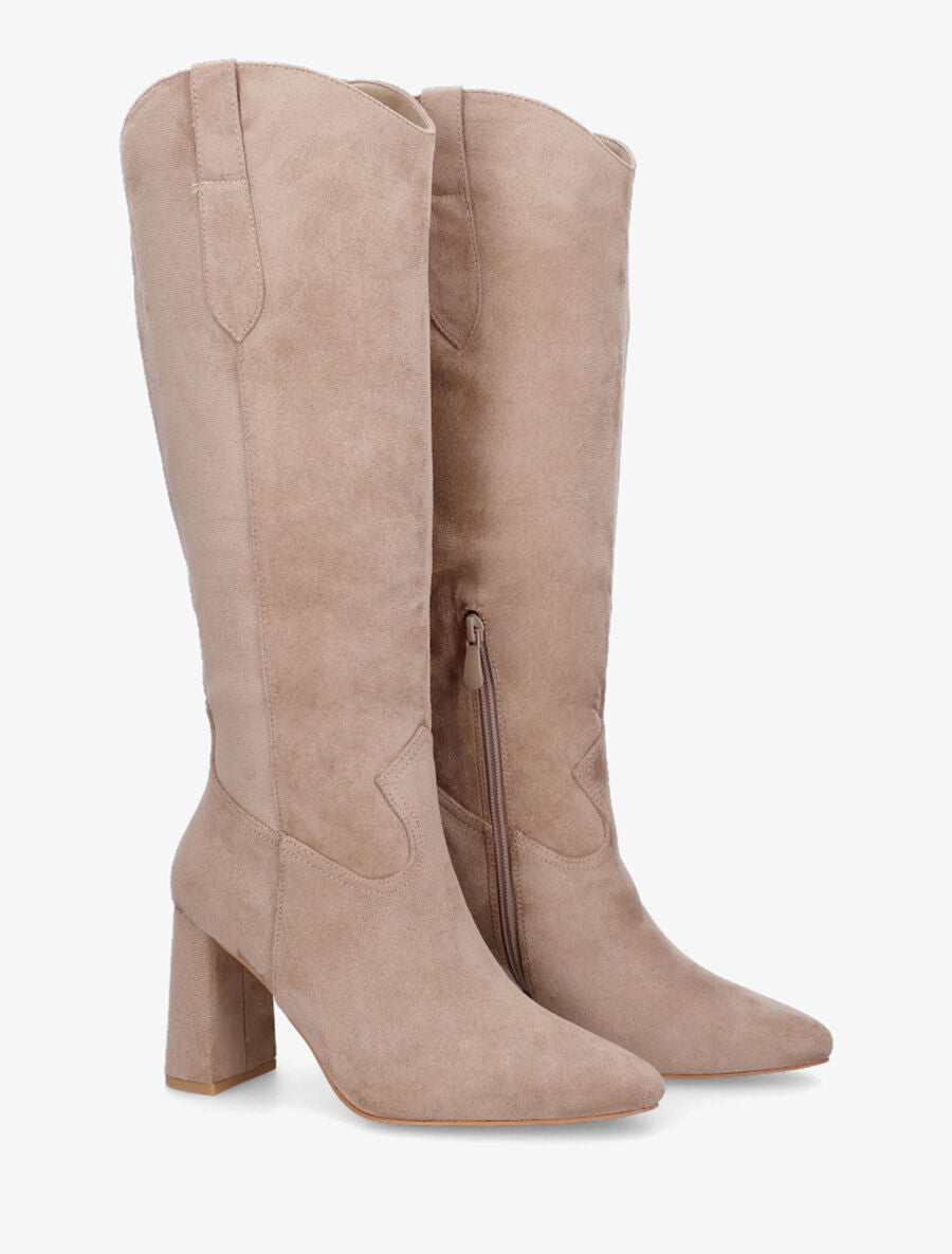 Bottes en suédine à talon et bout pointu - Beige - 4