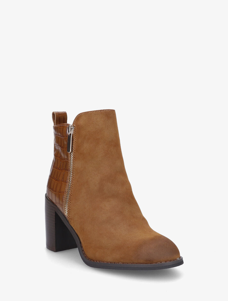 Bottines à talon et contrefort en croco - Camel - 2