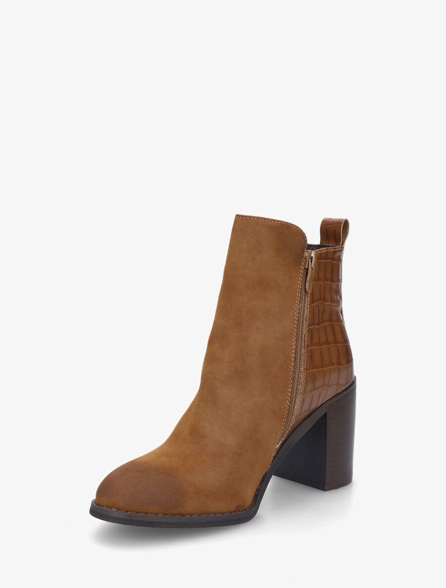 Bottines à talon et contrefort en croco - Camel - 3