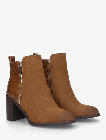 Bottines à talon et contrefort en croco - Camel - 4