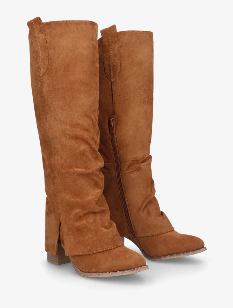 Bottes en suédine à rabat fendu - Camel - 4