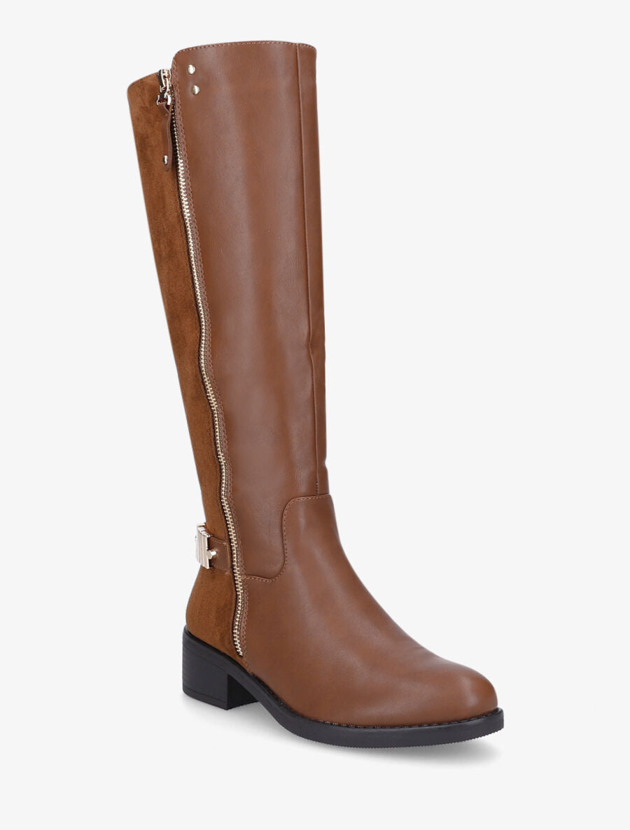 Bottes style cavalière bi-matière à zip - Camel - 2