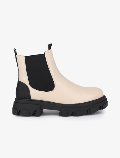 Bottines en simili et contrefort uni - Beige - 2