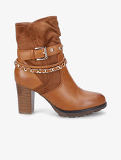 Bottines à talon et brides stylisées - Camel - 5
