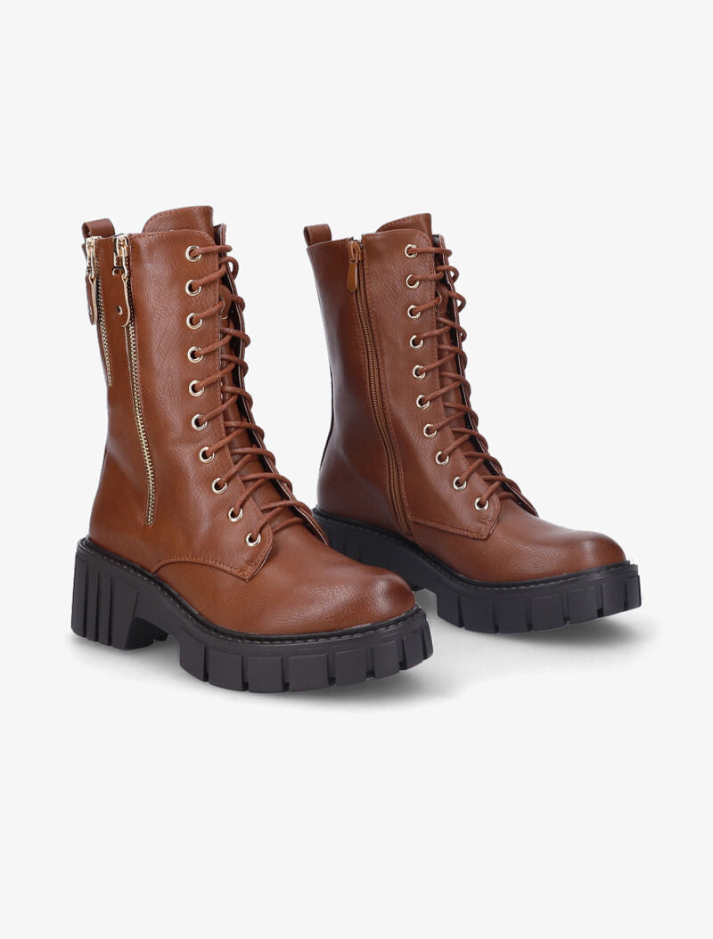 Bottines montantes à double zips décoratifs dorés - Camel - 5