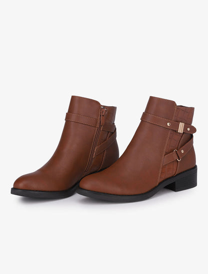 Bottines à détails croco et brides croisées - Camel - 1