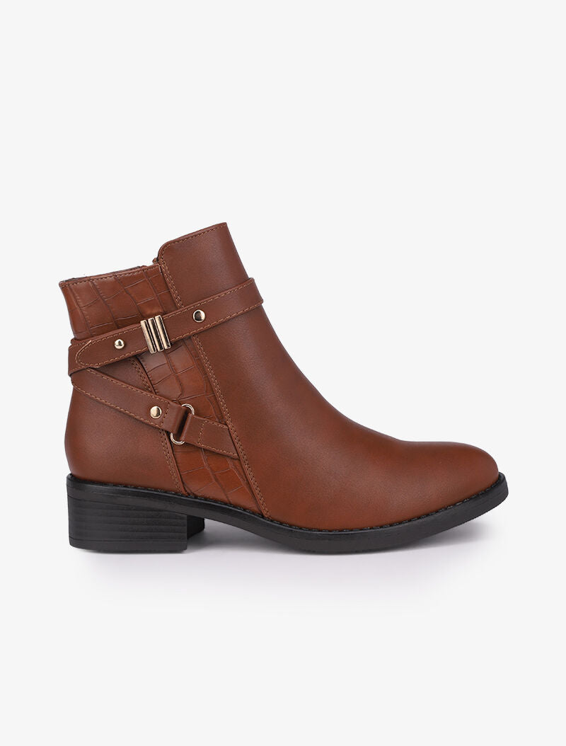 Bottines à détails croco et brides croisées - Camel - 2