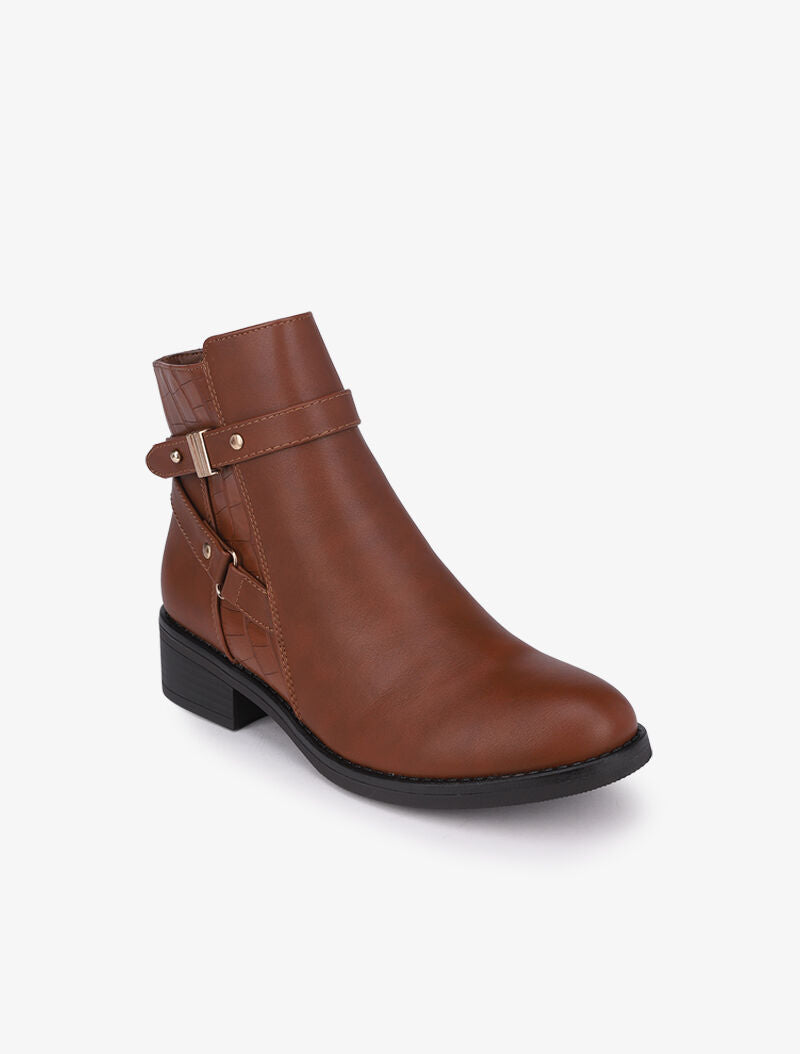 Bottines à détails croco et brides croisées - Camel - 3