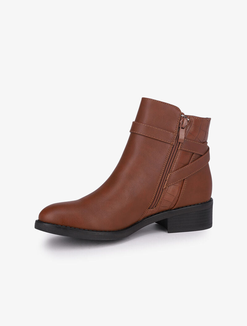 Bottines à détails croco et brides croisées - Camel - 4