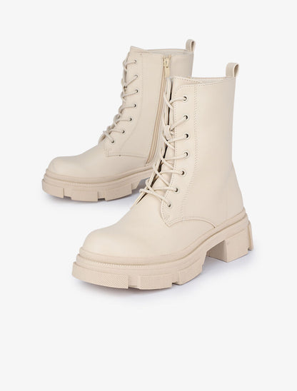 Boots montantes à gros crans et lacets - Beige - 1