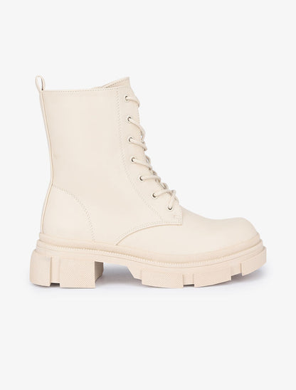 Boots montantes à gros crans et lacets - Beige - 2