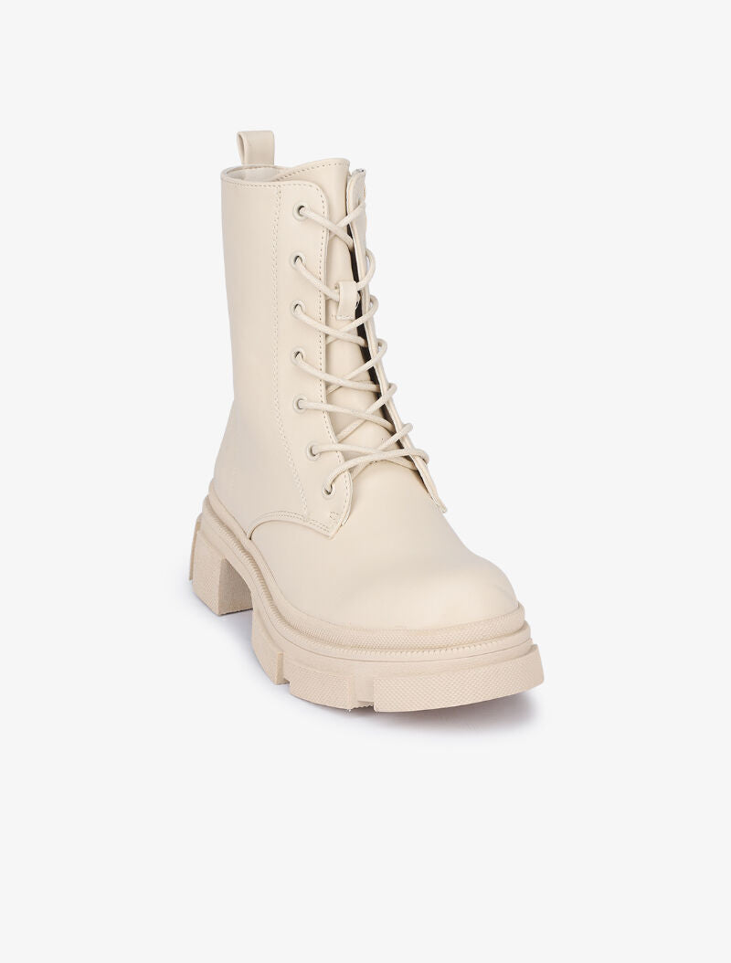 Boots montantes à gros crans et lacets - Beige - 3