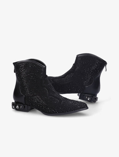 Santiags à strass et talon stylisé - Noir - 4