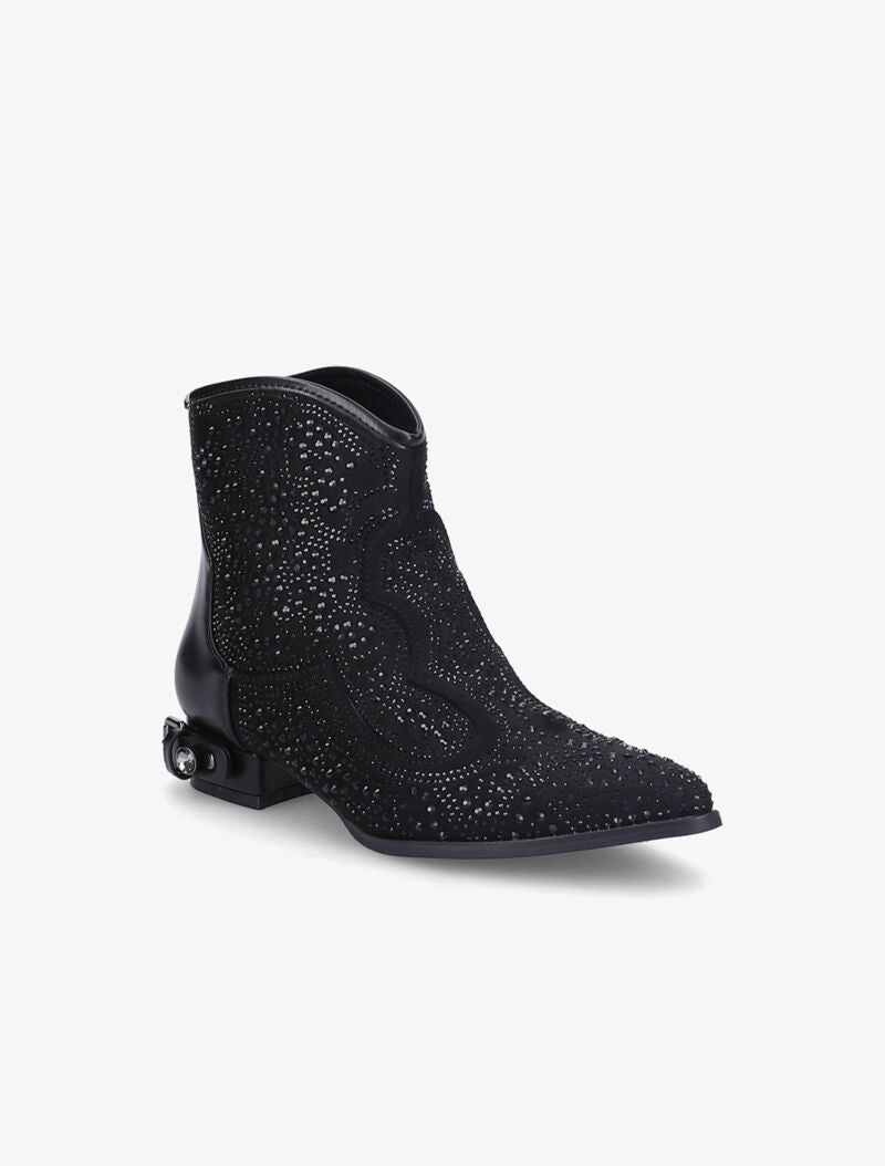 Santiags à strass et talon stylisé - Noir - 2